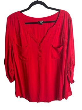 Torrid Size 3 Harper Top Blouse Red Roll Tab Sleeves Henely V Neck Office 3x